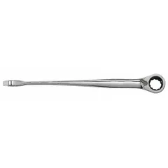This metric 12-point ratcheting combination wrench is made of alloy steel with a chrome finish. It has an 18 mm head size and an overall length of 11 3/8 inches. The ratcheting box end allows efficient operation in confined spaces, suitable for tightening or loosening fasteners in standard maintenance and assembly tasks.