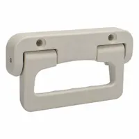 This folding pull handle is made of white plastic and features unthreaded mounting holes with an 80 mm center-to-center spacing, accepting M6 screws. It is load-rated for use on industrial enclosures, machinery doors, and panels where space-saving is required when not in use