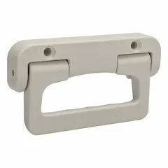 This folding pull handle is made of white plastic and features unthreaded mounting holes with an 80 mm center-to-center spacing, accepting M6 screws. It is load-rated for use on industrial enclosures, machinery doors, and panels where space-saving is required when not in use.
