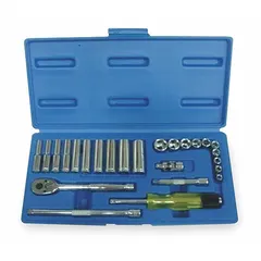 This 25-piece set includes 12-point SAE sockets ranging from 3/16 in to 9/16 in with a 1/4 in drive. Drive tools are included for tightening and loosening fasteners. Suitable for automotive repair, machinery maintenance, and general assembly tasks.