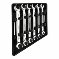 This 6-piece flare nut wrench set from Milwaukee features a chrome finish and double-end, standard-head, 6-point design. The wrenches cover a head size range of 9 mm to 21 mm, suitable for tightening or loosening flare nuts in plumbing, HVAC, and refrigeration applications
