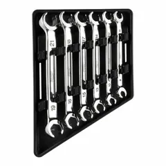 This 6-piece flare nut wrench set from Milwaukee features a chrome finish and double-end, standard-head, 6-point design. The wrenches cover a head size range of 9 mm to 21 mm, suitable for tightening or loosening flare nuts in plumbing, HVAC, and refrigeration applications.