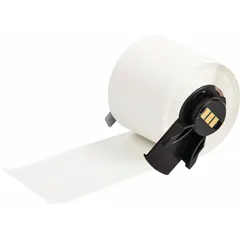 Acrylic precut label roll with permanent adhesive, 1 3/8 in x 1 1/2 in, 400 labels per roll. Compatible with BMP71 printer (with Media Adapter). Used for industrial identification, asset tagging, cable marking, and facility signage.