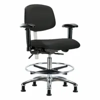 This vinyl cleanroom task chair is rated for ISO 5 environments and features an aluminum base. The seat width is 18 1/2 inches, with height adjustable from 21 1/2 to 29 inches. It includes arms and foot support, with back tilt forward 10.5° and backward 13.5°. Not ESD safe