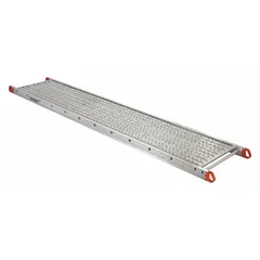 This aluminum platform from the Series P line features a silver aluminum deck and frame. It includes ergonomic, easy-grip molded handles for portability. Suitable for use with scaffolding systems to provide an elevated work surface for tasks such as painting, drywall finishing, and light construction.