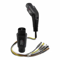 The TRIPLETT TEV200 is an electric vehicle charging station tester featuring a Tesla Connection port. It enables typical multifunction tester (MFT) measurements including voltage, frequency, phase indication, phase sequence, RCD tests, insulation resistance, low ohm measurements, and line/loop impedances. Compliant with EN61010-1 standard. Includes a pouch case.