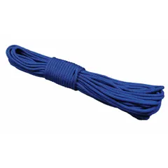 Braided polyester rope with UV resistance for outdoor use. 3/8 in diameter, 240 lb working load limit. Suitable for general-purpose tying, securing, and light hauling in applications exposed to sunlight.