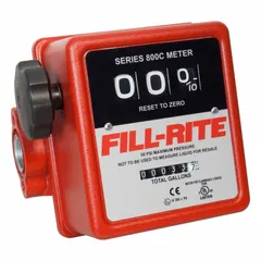 Mechanical fuel transfer meter with nutating disc totalizer, aluminum body, 3/4-inch FNPT connections, and Buna-N seals. Accuracy +/-1%, mechanical display in gallons, with standard frequency pulse output. Used for measuring fuel volumes in transfer applications.