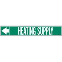 Green adhesive pipe marker with white legend 'Heating Supply' and directional arrows. Fits pipe outer diameters from 2-1/2 to 6 inches. Roll contains 25 markers for identifying heating supply lines in piping systems.