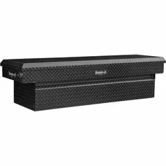 This single-lid crossover box is constructed from aluminum with a gloss black finish. It has an overall width of 71 inches, designed to fit full-size pickup truck beds for organized storage of tools and equipment.