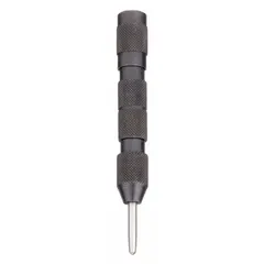 This automatic center punch features a knurled grip for secure handling and a 1/2 in shank diameter. With a 5 in overall length and 1 in taper length, it is suited for marking precise dimples on metal or other materials to guide drill bits. Includes a pouch for storage.