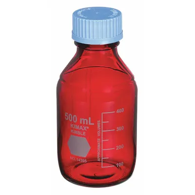 KIMBLE Media Bottle: 500 mL, Screw-On, GL 45, 176 mm, Amber, Closure Included - Glass Lab Media Bottles