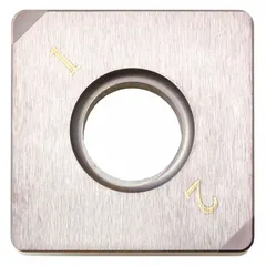 This square indexable turning insert features a CBN grade for high wear resistance and thermal stability. It is used for finish turning of hardened steels and superalloys in precision machining operations.