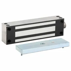 Gate magnetic lock from ALARM CONTROLS Series 1200, constructed in steel. Dimensions: 9 1/16 in length, 1 1/16 in width, 2 5/8 in height. Features instantaneous release delay. Used for securing gates in access control applications.