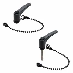 This tethered teardrop-style adjustable handle features a threaded stud for quick clamping and adjustment on machinery, panels, and industrial equipment. The 200 mm black POM-based technopolymer tether prevents loss in applications where tool security is important. Constructed from dark gray plastic with a 44 mm length.