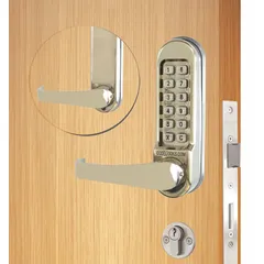 Mechanical push button lockset in stainless steel finish. Provides keyless code-based entry with no key override. Suitable for interior doors in commercial and institutional settings where ADA compliance is required.