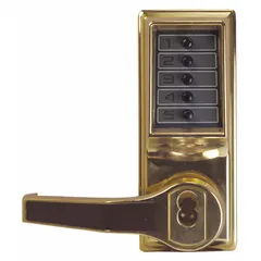 This mechanical push button lockset is constructed of brass and provides keyless entry for commercial and institutional doors. It is ADA compliant and includes key override options for Best and Equivalents (6 or 7 Pin) cores, which are not included. Suitable for high-traffic areas requiring reliable access control without electronic power.