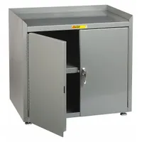 Stationary steel cabinet with powder-coated gray finish, 14 ga panel thickness, and one adjustable shelf. Equipped with a swing handle and keyed lock for secure storage. Includes leveling capability. Suitable for organizing tools, parts, and equipment in workshops, warehouses, and manufacturing facilities