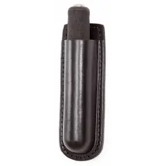 Duty equipment pouch constructed from black leather with a basket weave finish. Designed to hold a baton and fits belts up to 2 1/4 inches wide. Suitable for belt carry by security or law enforcement personnel.