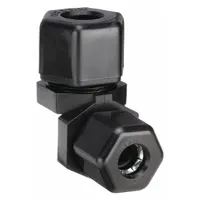 This polypropylene compression tube fitting elbow connects two tubes of different outer diameters (3/8 in and 1/4 in) in a 90-degree turn. It features a Compression x Compression configuration and meets NSF/ANSI 51 standards. Suitable for industrial fluid handling systems requiring polypropylene material compliance