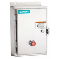 This enclosed non-reversing starter with electronic overload is designed for starting and protecting three-phase AC motors in industrial applications such as pumps, fans, and conveyors. It features NEMA Size 1, 27 A rating, 3 poles, 240V AC coil, screw terminals, a pilot light, and two 1NO auxiliary contacts