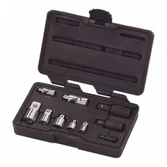 This flex hand socket adapter set includes three adapters with square drive types: 1/4 in, 3/8 in, and 1/2 in input drive sizes. Locking mechanism is not included. Used to convert between drive sizes for sockets and accessories in mechanical and assembly tasks.