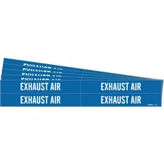 Blue adhesive pipe marker with white legend reading 'Exhaust Air' for identifying pipes carrying exhaust air. Fits pipe outer diameters from 3/4 to 2-3/8 inches. Pack includes 4 markers without directional arrows, sold in a 5-pack quantity. Suitable for industrial piping systems requiring clear content identification.