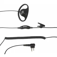 Single-wire earpiece with push-to-talk button and D-ring for secure attachment. Features an M1 connector and is compatible with COBRA Performa series two-way radios. Suitable for use in environments requiring clear audio communication.