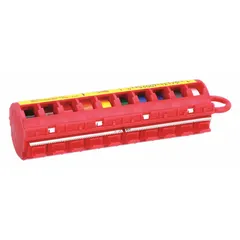 Plastic dispenser for polyester-film wire markers in violet. Designed for on-site identification of electrical wiring, this dispenser holds markers in a set that includes black, blue, brown, gray, green, orange, red, violet, and white. Contains 0 labels.