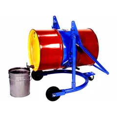 This rotating and dispensing drum truck is designed for 55-gallon drums with an 800 lb weight capacity. It features a blue metal body and a chain drive mechanism for controlled pouring and transport in industrial settings.