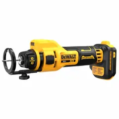 This cordless cut-out tool operates on a 20V DC power system and accepts 1/4 in, 1/8 in, and 5/32 in collet sizes. It features an adjustable depth guide for controlled cutting. Typical applications include cutting openings in drywall, paneling, and ceiling tiles for outlets, switches, and fixtures.