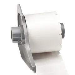 Precut label roll measuring 1 1/2 in x 1/2 in, made of self-extinguishing vinyl with a white matte finish. Designed for use with the BMP71 printer series and requires M7-R4300 ribbon. Suitable for industrial identification on pipes, cables, and small-diameter surfaces where flame resistance is needed.