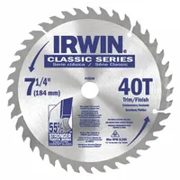 Carbide-tipped circular saw blade with 7-1/4 in diameter, 40 teeth, 0.09 in kerf, and 5/8 in arbor. Designed for cutting wood in framing, ripping, and crosscutting applications