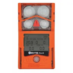 Multi-gas detector for sulfur dioxide with orange housing, lithium ion battery, and wireless mesh communication. LED display. Suitable for industrial environments requiring continuous gas monitoring.
