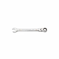 Alloy steel wrench with full polish chrome finish. Features a 12-point ratcheting box end and a 19 mm head size. Used for tightening and loosening fasteners in mechanical assembly and maintenance tasks.