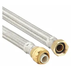This flexible hose assembly connects faucets to water supply lines. It features a 15-inch EPDM hose with brass 3/4-inch female iron pipe (FIP) and 3/4-inch female push-to-connect fittings. The EPDM construction resists hot and cold water. Certified to UPC standards.