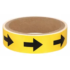 Yellow vinyl pipe marker with black directional flow arrow, 8 inches wide and 1 inch long, supplied on an 8-inch wide roll. Non-reflective. Used to indicate flow direction in industrial piping systems for fluids, gases, or steam.