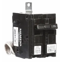 Bolt-on miniature circuit breaker rated 15 A, 120/240V AC, single-phase, 1-pole with shunt trip. Part of the BL Series, with a maximum AIR rating of 10kA at 120V AC. Designed for overcurrent protection in Siemens P1 panelboards, suitable for commercial and industrial electrical distribution systems requiring remote tripping capability.