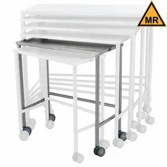 Fixed-height lab table with stainless steel countertop and swivel casters. Overall dimensions: 32 in length, 16 in width, 34 in height. Silver finish. Suitable for laboratory environments requiring a stable, mobile work surface for tasks such as sample preparation, testing, or equipment placement.