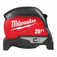 This 25 ft tape measure features a black plastic housing with a manual lock and a magnetic single hook tip for hands-free attachment to metal surfaces. The SAE blade is marked in 1/16 in increments, suitable for general measuring tasks in construction, HVAC, and metalworking.