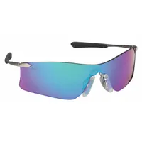Frameless safety glasses with dark green mirrored lens that is scratch-resistant. Features padded comfort-fit temples for extended wear. Suitable for eye protection in industrial environments, particularly where glare reduction is needed