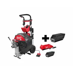 This cordless drum machine from the MX FUEL line is designed for clearing blockages in 3 to 6 inch diameter pipes. It operates in Auto mode and includes two batteries. Part numbers: MXF501-1CP, MXFCP203.