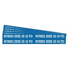 Blue adhesive pipe marker with white legend reading 'Nitrous Oxide 50-55 PSI'. Fits pipe outer diameters from 3/4 to 2-3/8 inches. Pack of 5 markers without directional arrows. Used for identifying piping carrying nitrous oxide at specified pressure in industrial or gas-handling systems.