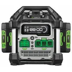 Portable power station delivering 2,000 W continuous and 3,000 W surge power through three AC receptacles. Supports up to four EGO batteries for extended runtime. Suitable for powering tools, appliances, and electronics on job sites or during power outages.