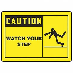 Adhesive vinyl caution sign for marking floor-level trip hazards. Nominal size 3-1/2 x 5 in, 0.02 in thick. Non-retroreflective, non-glowing, no anti-slip surface. Pack of 5.