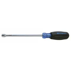 This standard nut driver features a 3/8-inch SAE tip size and a hollow round shank that accommodates long threaded rods. It is designed for driving and removing hex nuts and bolts in assembly, maintenance, and repair tasks. The tool has a straight design and is not magnetized.