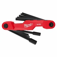 This folding hex key set includes 11 pieces with black oxide finish. Keys are SAE-sized, featuring both standard and long ends for various reach requirements. The holder keeps keys organized and portable, suitable for tightening or loosening hex socket fasteners in maintenance, assembly, and repair tasks.