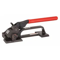 This manual feedwheel tensioner is designed for tensioning steel strapping around flat seal surfaces in industrial packaging and shipping applications. The heavy-duty tool is powered manually and weighs 9 lb. It is suitable for use with steel strapping in logistics and warehousing operations.