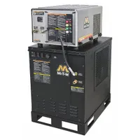 Skid-mounted hot water pressure washer with a 6 hp motor, belt-driven pump, and electric burner fuel system. Delivers 2,500 psi at 2.8 gpm on 460 V three-phase power. Suitable for industrial cleaning tasks requiring heated water, such as removing grease, oil, and heavy grime from equipment and surfaces