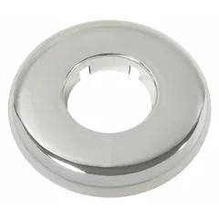 Plastic escutcheon with chrome finish, sold in a 12-pack. Designed to cover the gap between a faucet base and mounting surface for a finished appearance. Universal fit compatible with most manufacturers' faucet series.